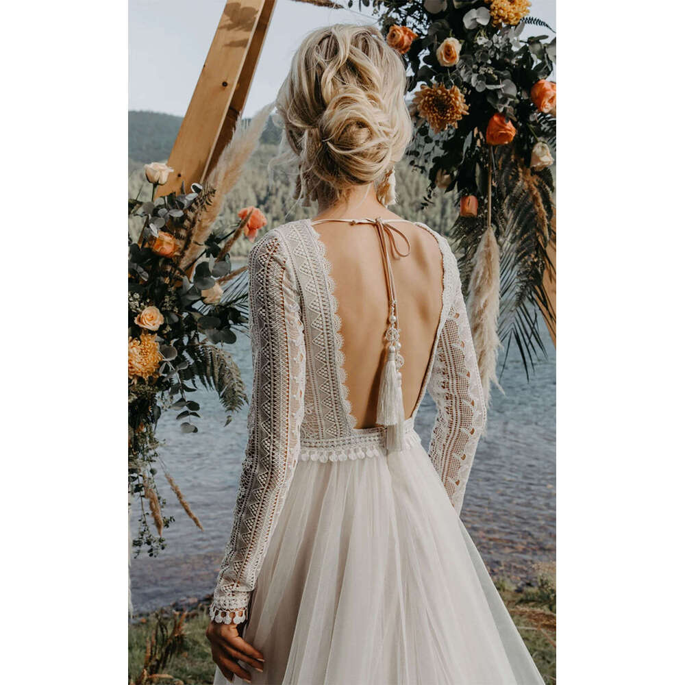 Wedding Ful Dress A E V Neck Appliques Lace Backless Long Sleeve Princess Bride Vestido De Noiva Custom Made ppliques estido