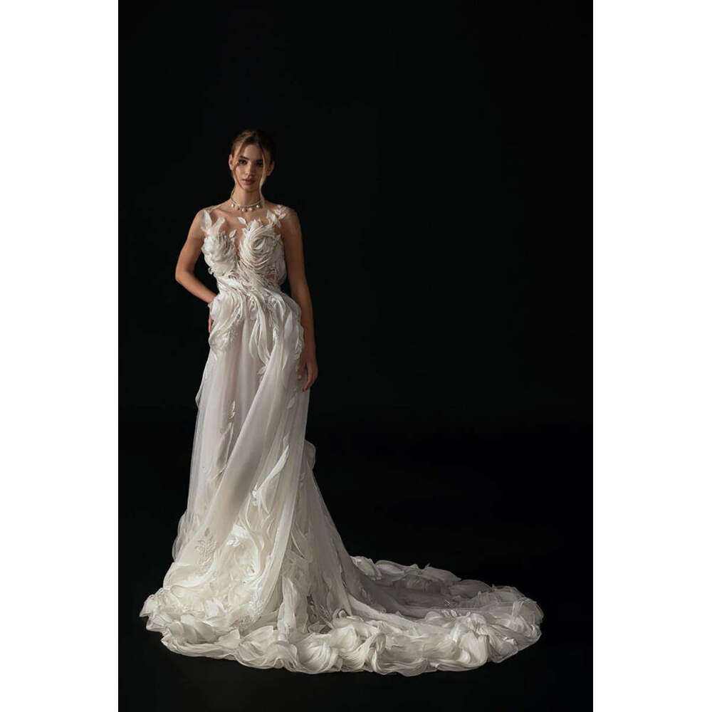 Romantic Wedding Dress A-E O-Neck Appliques 3D Wers Lace Sleeveless Princess Bride Vestido De Noiva Custom Made 0228Lz