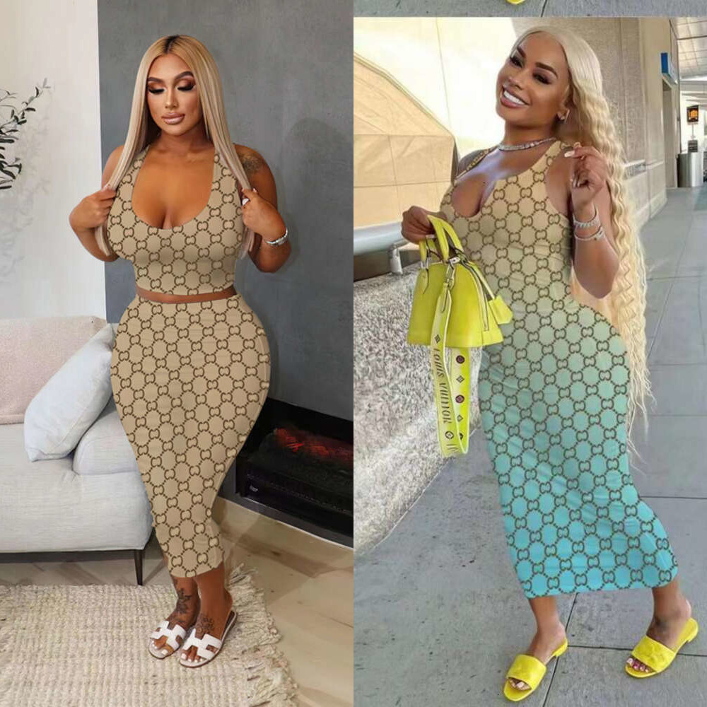 Designer Casual Bodycon Dresses For Women Tank Top Buttock Skirt Print Robe Longue Femme Dress Two Or One Piece Set Sexy Slim Womens Long Maxi Dresses