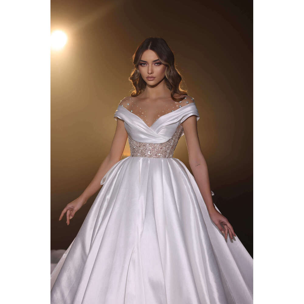 Beauteous Wedding Dress A-E V-Neck Off The Shoulder Sequined Pleat Sleeveless Or-Length Bride Vestido De Noiva Custom Made 0228Lz