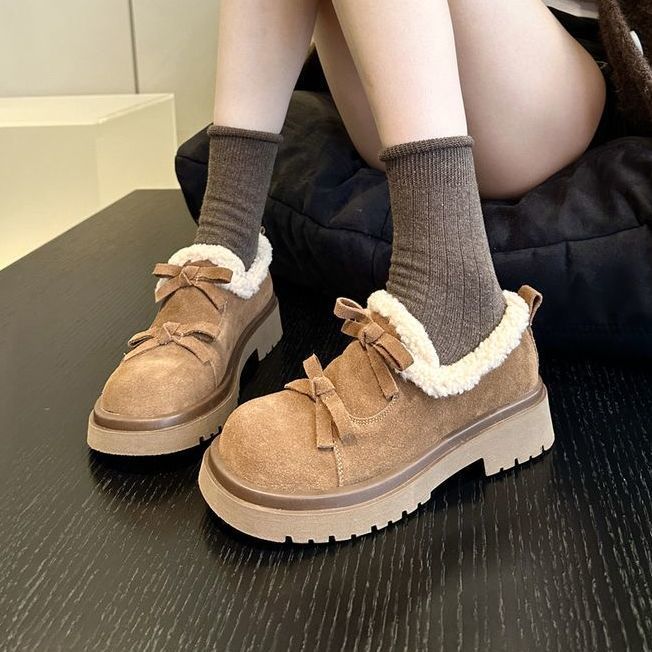 New Autumn Winter Style Added Velvet Thickened Warm Bow Tie Cotton Shoes