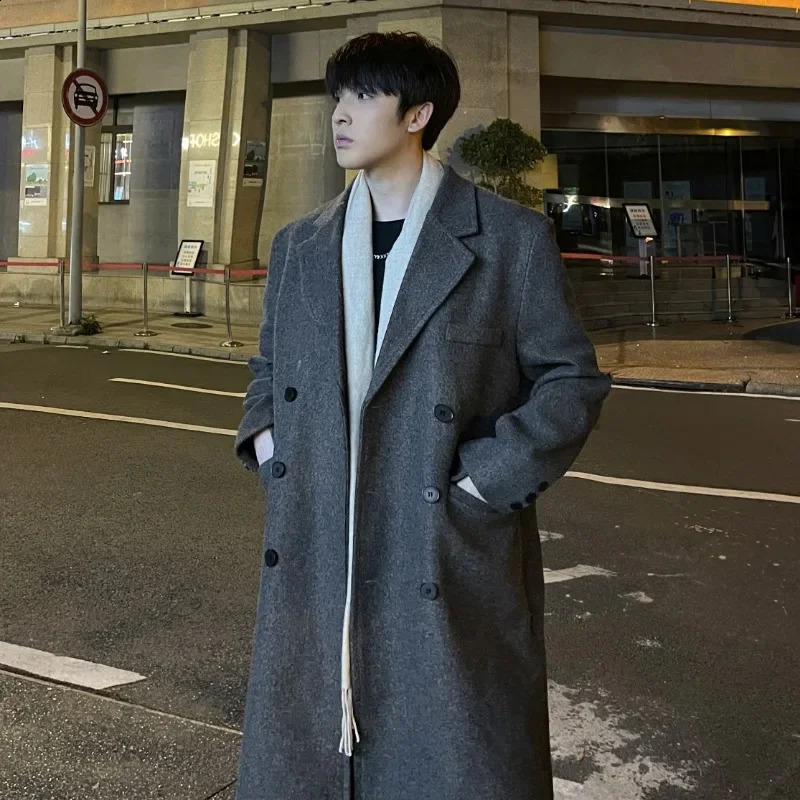 Autumn and winter season wool coat mens Korean version loose mid knee long trench coat Ins trendy suit jacket 241021