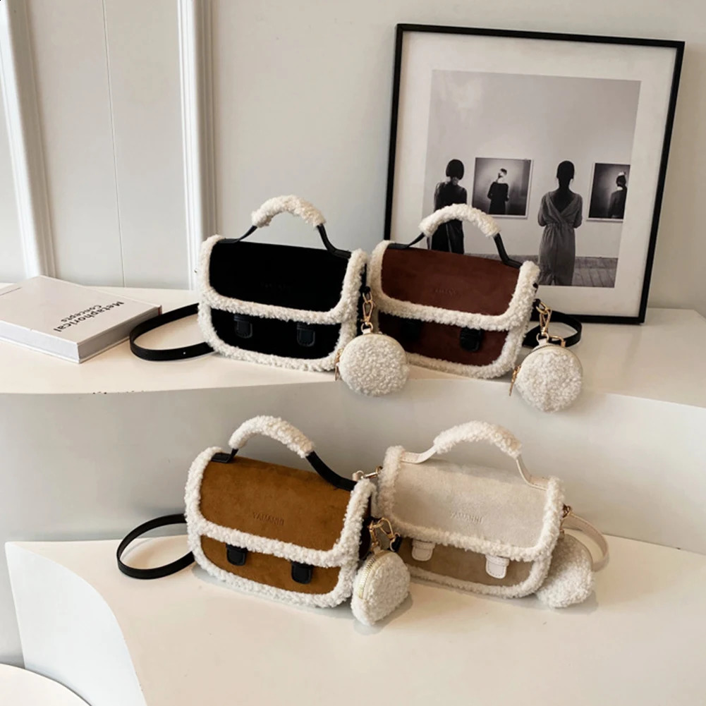 Womens cross body bag retro fluffy handbag with coin wallet square handbag top autumn and winter handbag 241021