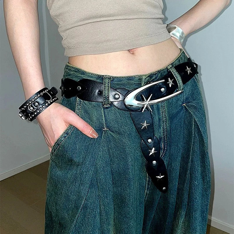 Steampunk belt womens Y2K pentagonal stud belt star western denim emo belt dress Pu leather metal jeans accessories 241021