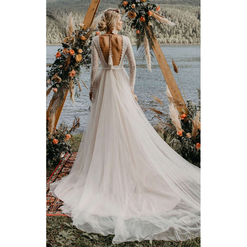 Wedding Ful Dress A E V Neck Appliques Lace Backless Long Sleeve Princess Bride Vestido De Noiva Custom Made ppliques estido