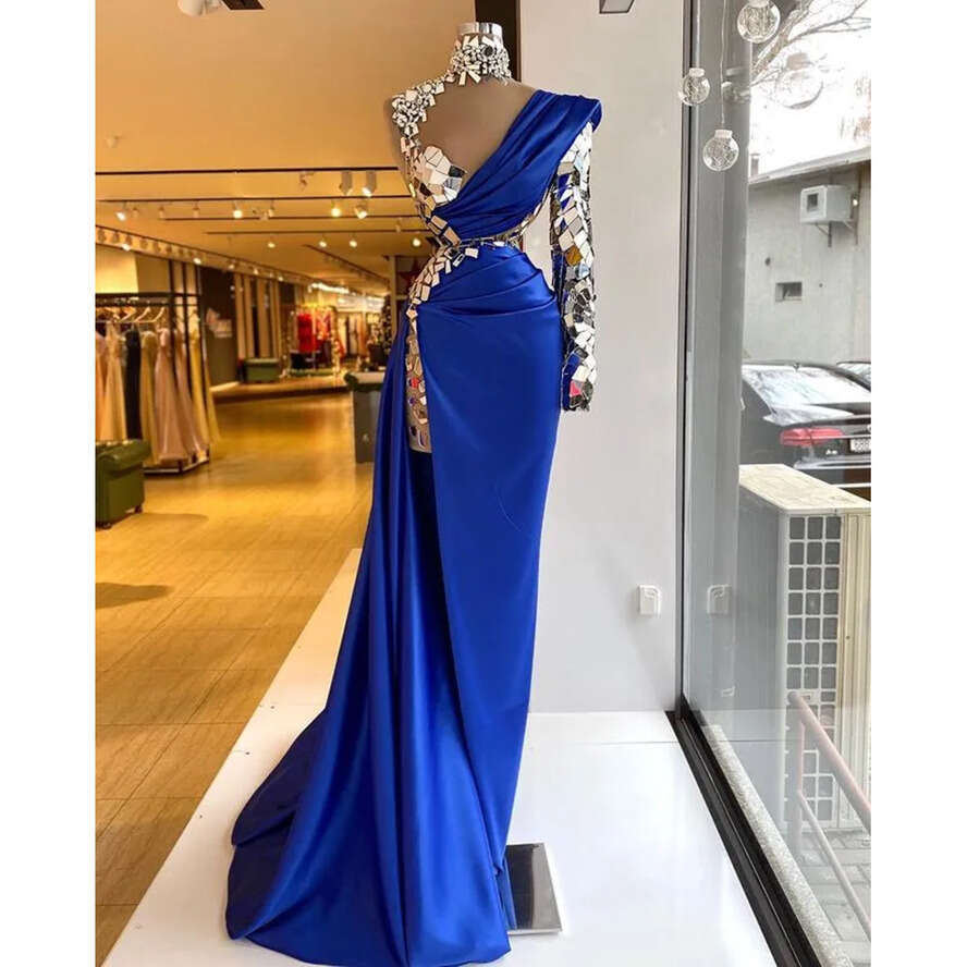 Arabic Urious Ebi Aso Beaded Crystals Evening High Neck Prom Dresses Sheath Formal Party Second Reception Gowns Zj
