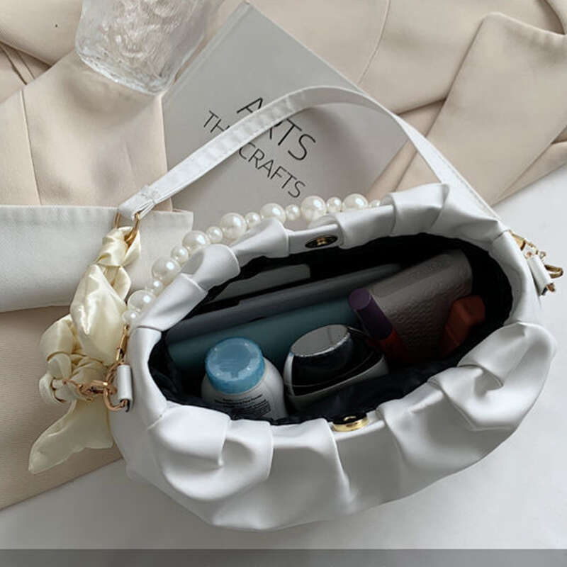 Pleated Crossbody Shoulder Bag Fashion Cloud PU Leather Small Handbags Purse Women Pearl Design Underarm Bags