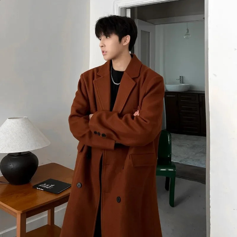 Autumn and winter season wool coat mens Korean version loose mid knee long trench coat Ins trendy suit jacket 241021