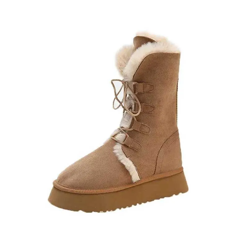 Platform Womens 2023 Winter Short Plush Warm Snow High Top Lace Up Ladies Mid-Calf Boots Fashion Casual Flats Shoes Xw6.5