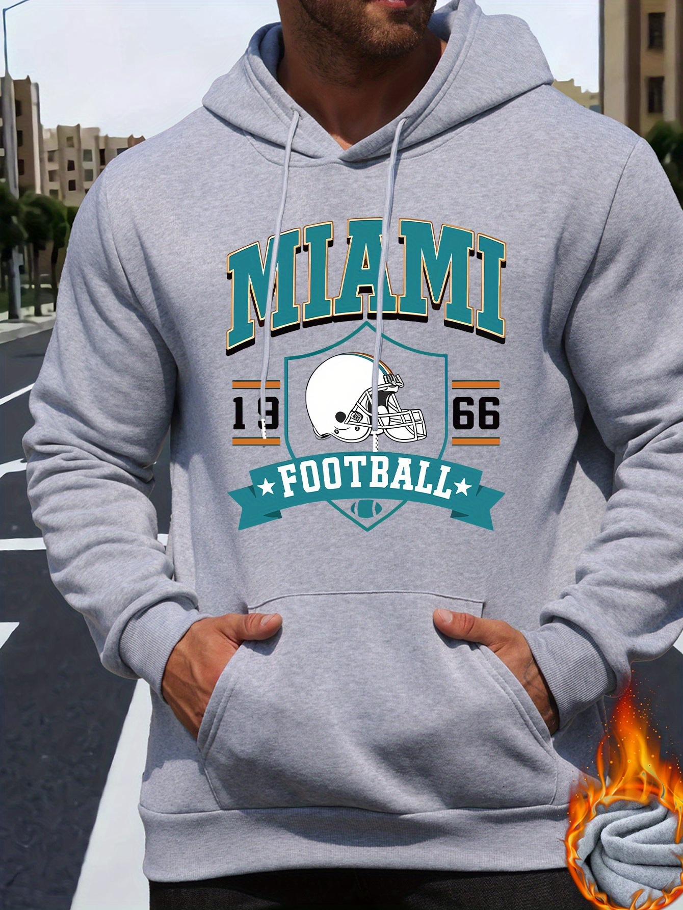 Men's Miami Letter Print Casual Hoodie - Fashionable Drawstring Pullover with Kangaroo Pocket, Comfortable Long Sleeve Hooded Sweatshirt for Fall