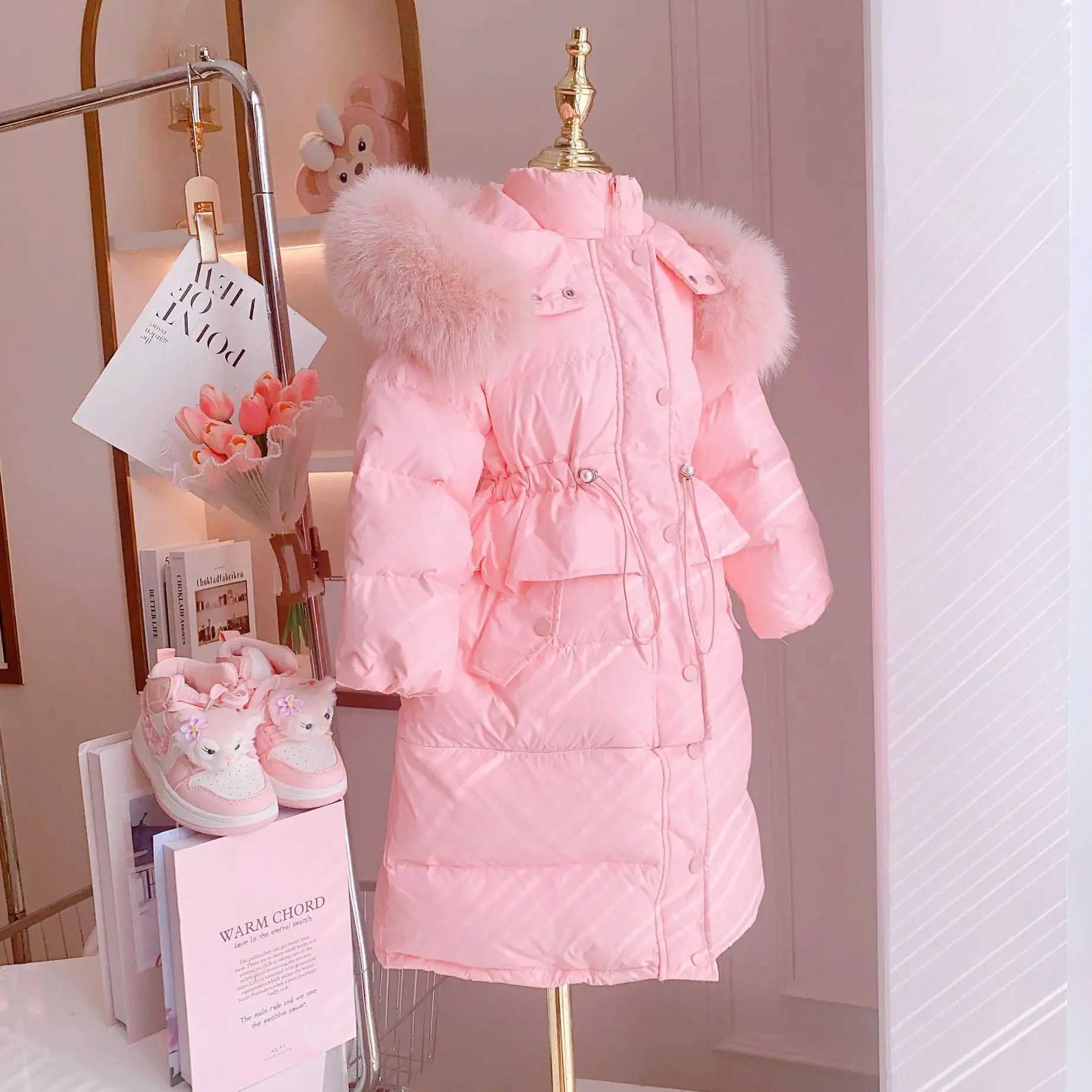4-12 Years Old Winter Girls Slim Jacket Long Style Hooded Fur Collar Pink Black Color Thicken Coat For Kids Children OuterwearXJ241021