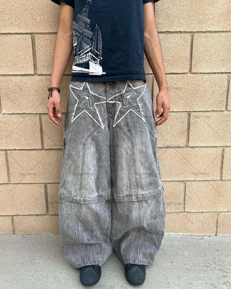 2024 Trendy Streetwear Trousers American Retro Embroidered Washed Distressed Baggy Jeans Men Gothic Punk Wide-Leg Straight Pants