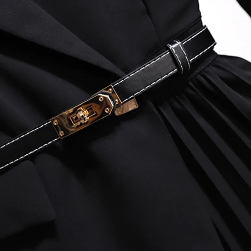 Elegant Midi dress womens fashion patch work pleated one-piece dress womens black long sleeved fashion vest 241019