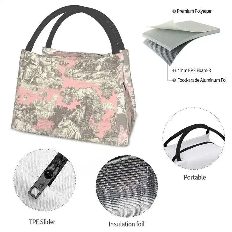 Toile De Jouy vintage French insulated lunch bag suitable for camping trips adjustable cooler lunch box womens lunch bag 241021