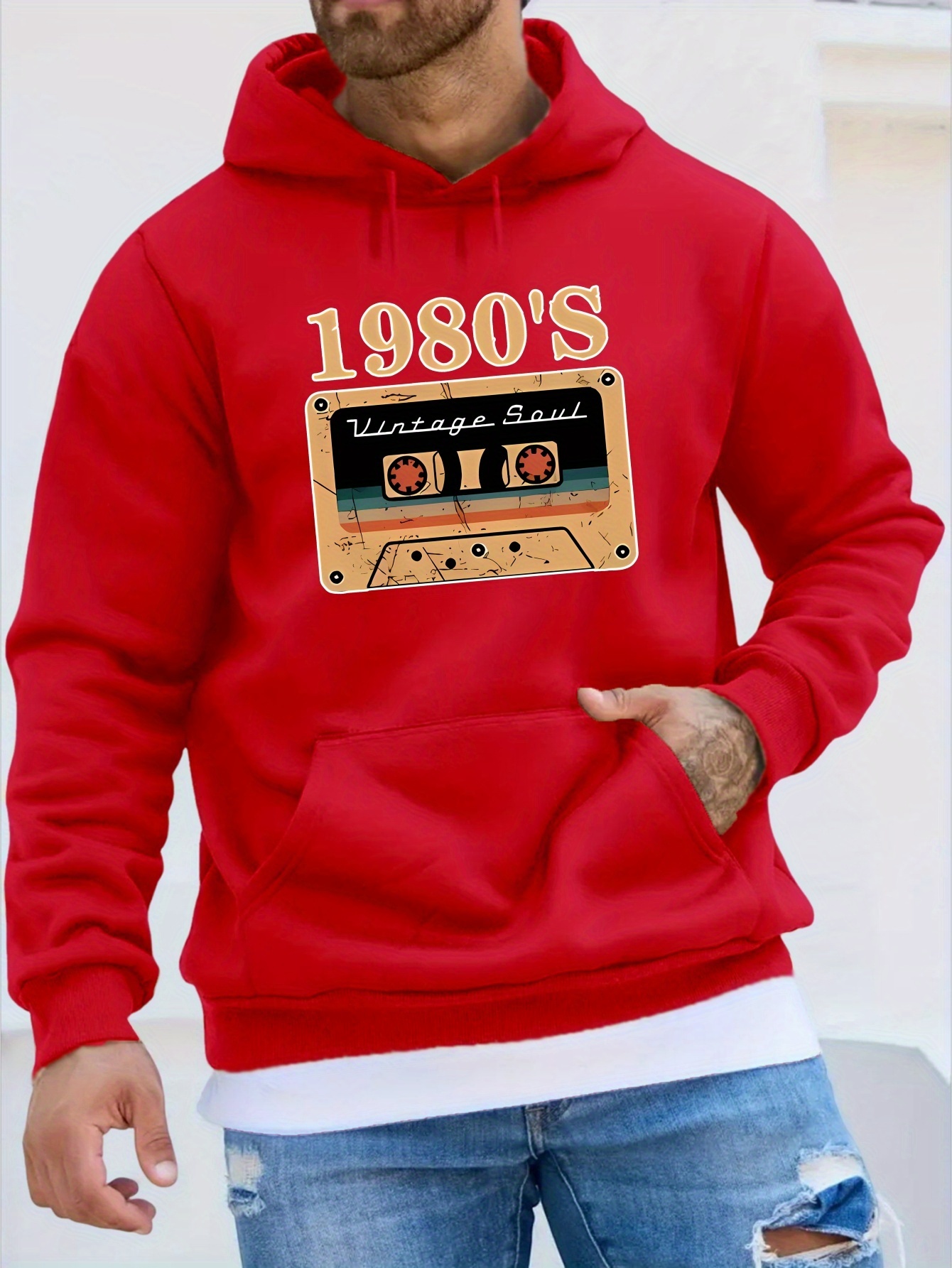 1980's Cassette Tape Graphic Print Men's Long Sleeve Hooded Sweatshirt, Warm Fleece Pullover Hoodie With Kangaroo Pocket, Casual Comfortable