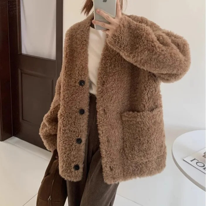 Wool coat autumn/winter fur integrated all wool womens medium long cashmere V-neck 241021