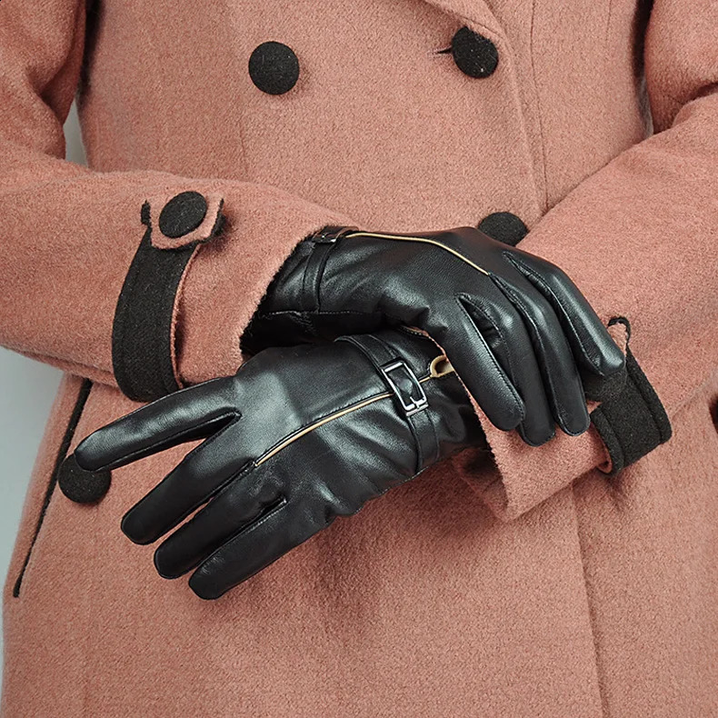 Winter Genuine Leather Gloves Women Sheepskin Warm Solid Color Female Real Sheep Lady Fashion Party Gloves WSR170 241024