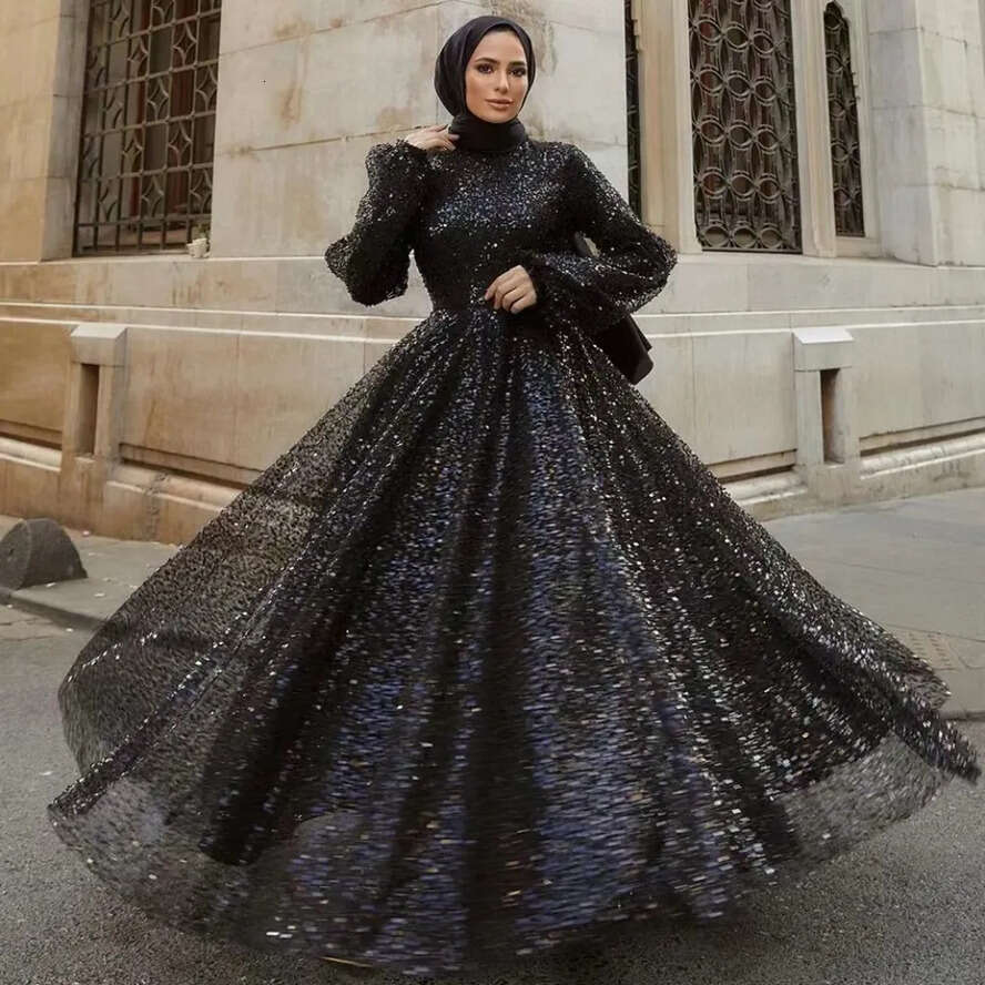 Sequined Glitter Black Muslim Evening Dresses For Women Hijab Or Length High Neck Prom Dress Long Sleeves Arabic Islamic Special Ocn Gowns