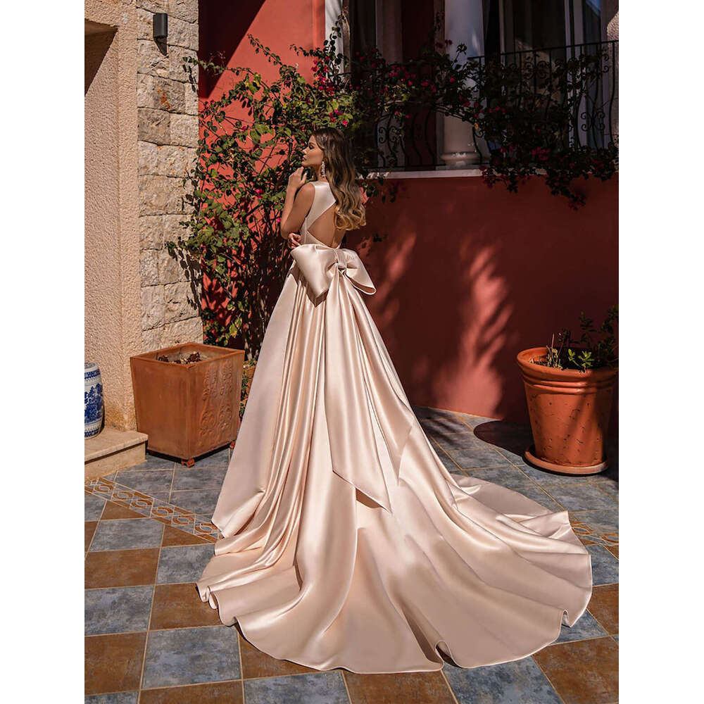 Elegant Wedding Dress A-E Square Collar Bow Backless Sleeveless Chapel Train Bride Vestido De Noiva Custom Made 0228Lz