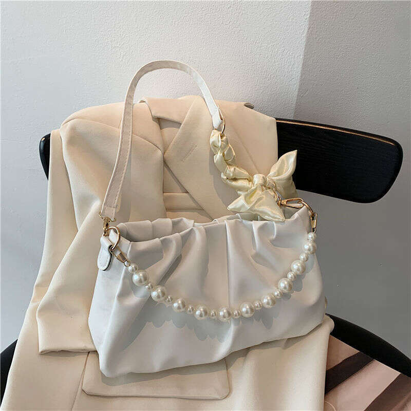 Pleated Crossbody Shoulder Bag Fashion Cloud PU Leather Small Handbags Purse Women Pearl Design Underarm Bags