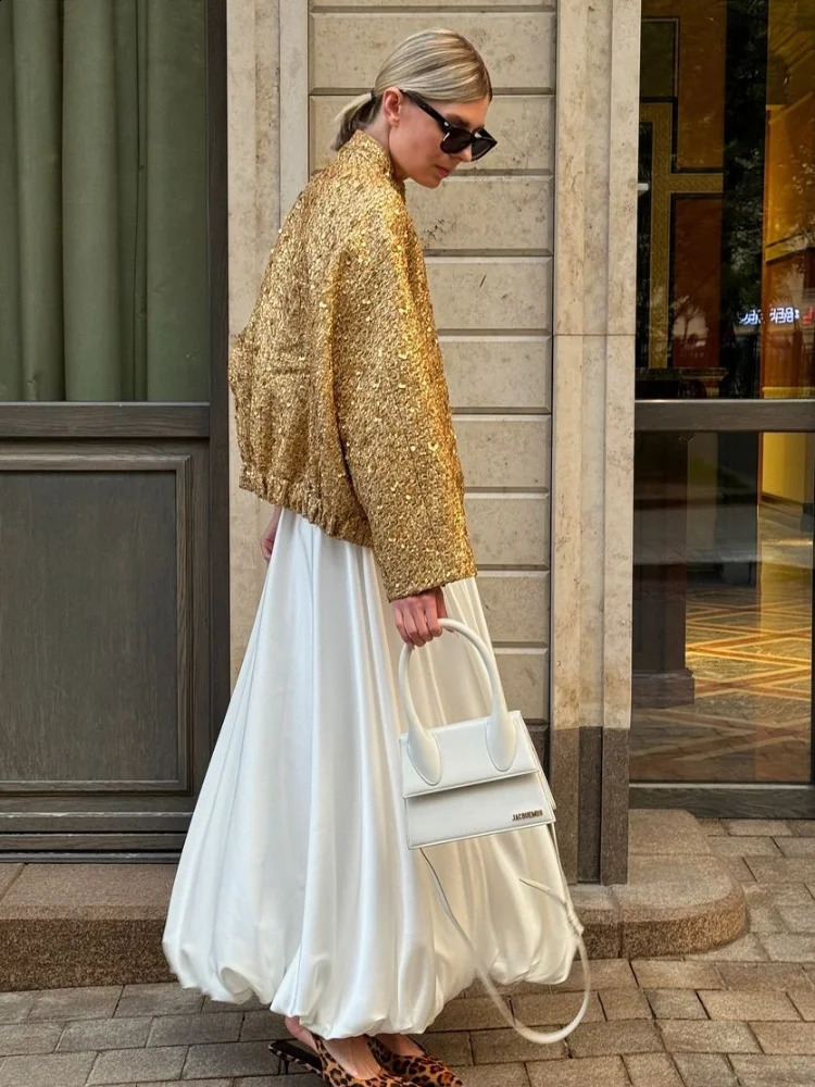 Womens retro gold glitter shiny pocket stand up collar jacket fashionable single breasted crop oversized jacket womens Y2k jacket 241019