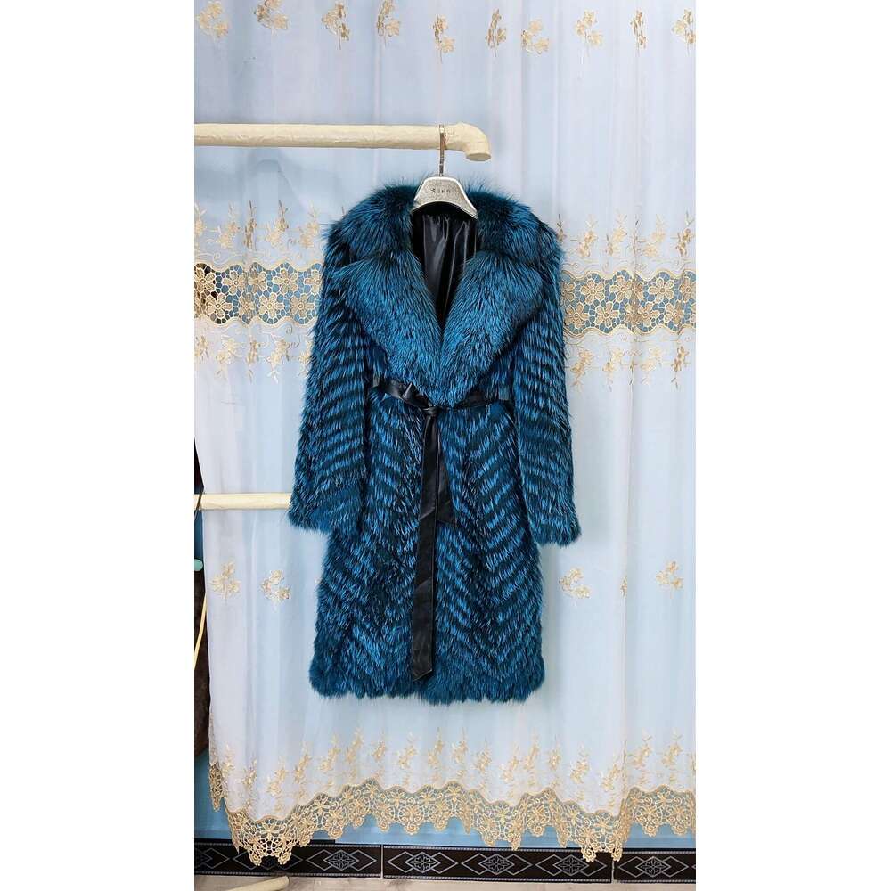 ANNSIRGRA 100% Genuine Fox Fur Jacket x-long Real Fox Fur Coat with Large Turn-down Fox Fur Collar Warm Stylish Fashion Overcoat