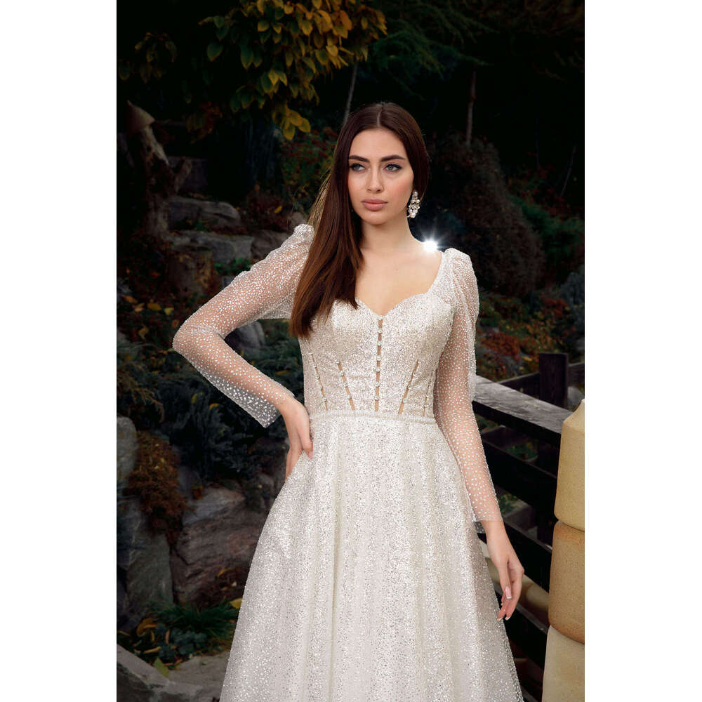 Wedding Dress A-E V-Neck Crystal Sequins Backless Long Sleeve Or-Length Princess Bride Vestido De Noiva Custom Made 0227Lz
