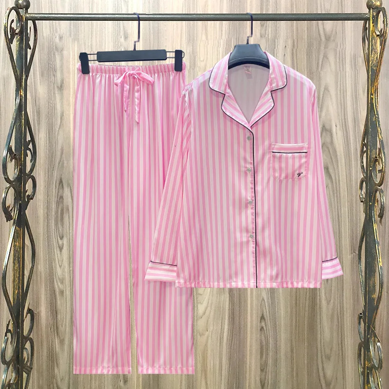 New designer ice silk satin Pamas green stripe simple temperament star model long sleeved women's pajamas set sexy pajamas