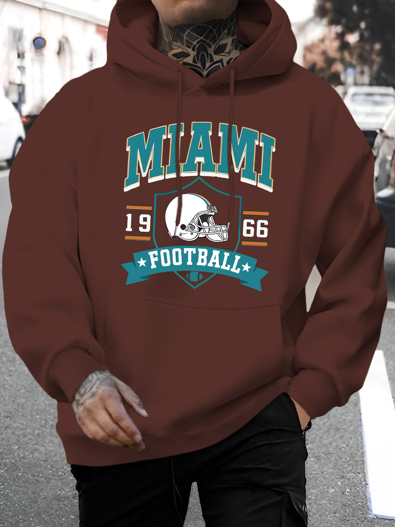 Men's Miami Letter Print Casual Hoodie - Fashionable Drawstring Pullover with Kangaroo Pocket, Comfortable Long Sleeve Hooded Sweatshirt for Fall