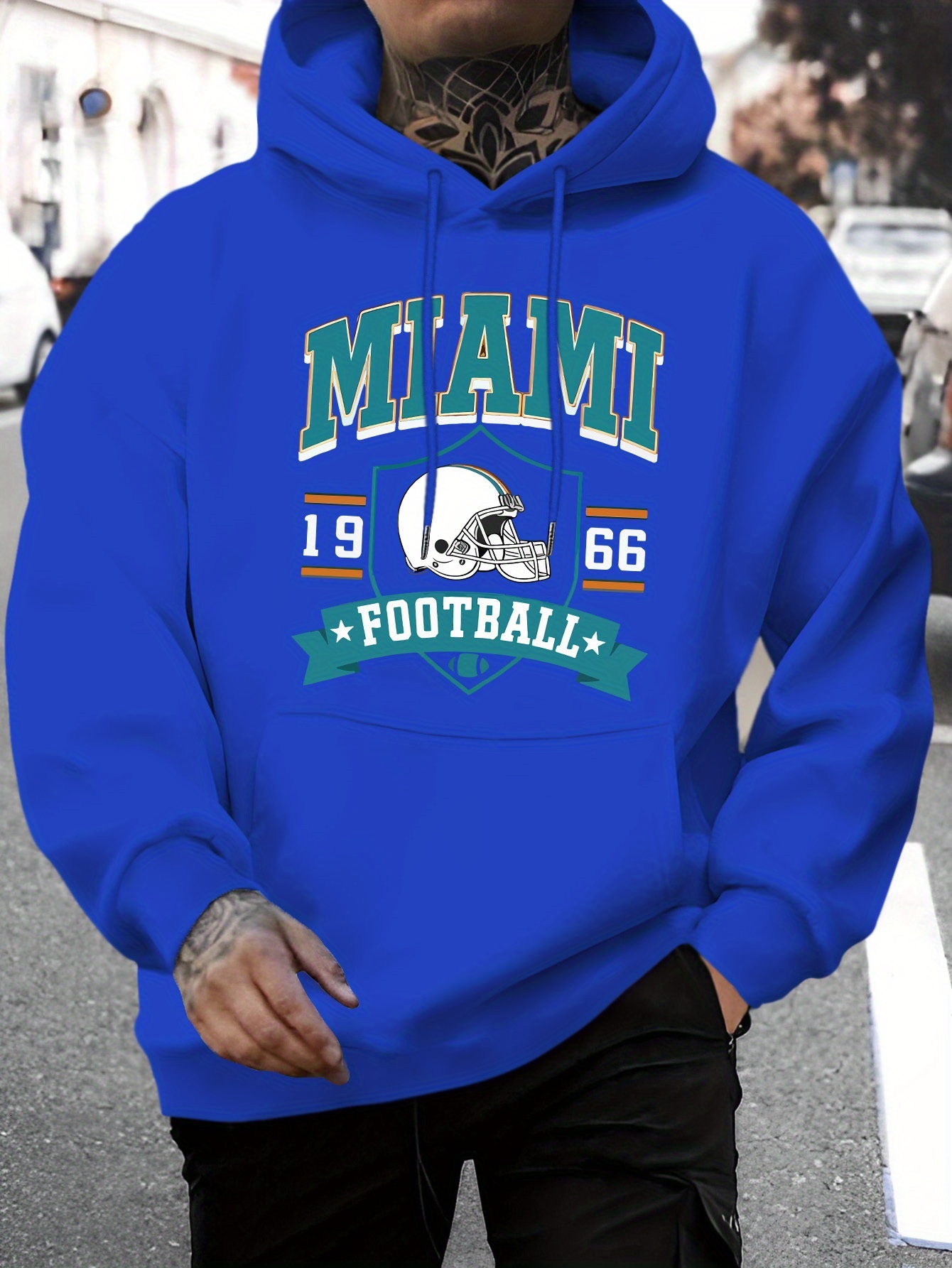 Men's Miami Letter Print Casual Hoodie - Fashionable Drawstring Pullover with Kangaroo Pocket, Comfortable Long Sleeve Hooded Sweatshirt for Fall