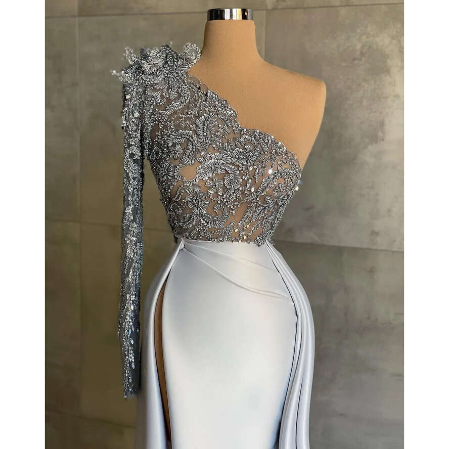 Plus Arabic Aso Size Ebi Urious Lace Beaded Prom Dresses Sheath Satin Sexy Evening Formal Party Second Reception Birthday Engagement Gowns Dress ZJ