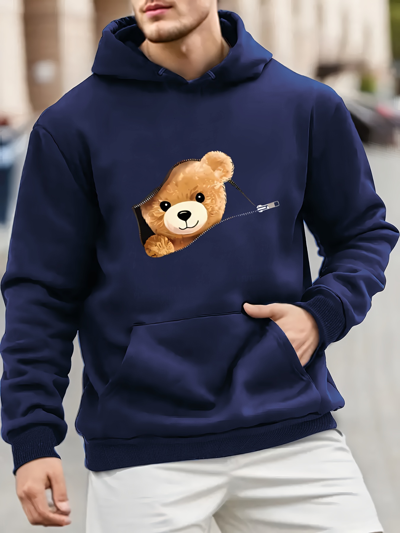 Iceboomc Men's Polyester Hoodie with Cartoon Teddy Bear Print - Casual Style, Hooded Sweatshirt with Slight Stretch, Regular Fit Knit Fabric Pull