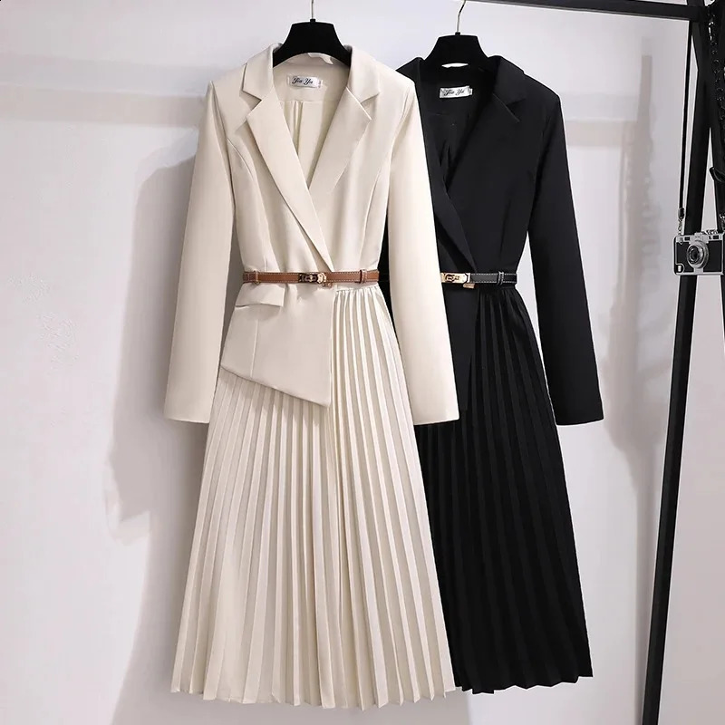 Elegant Midi dress womens fashion patch work pleated one-piece dress womens black long sleeved fashion vest 241019