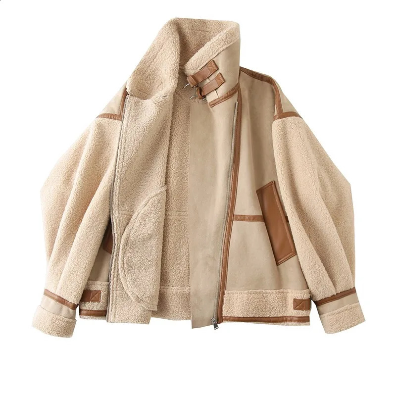 RARFs winter womens thick insulation restores ancient methods such as Suede Wool motorcycle jackets and chic loose synthetic leather 241007