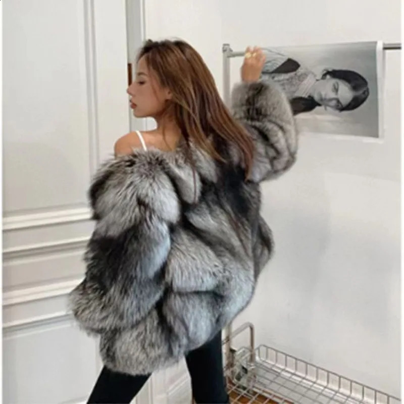 Plush artificial silver fox fur coat womens autumn and winter jacket thick fur coat elegant fur fluffy clothing top 241021