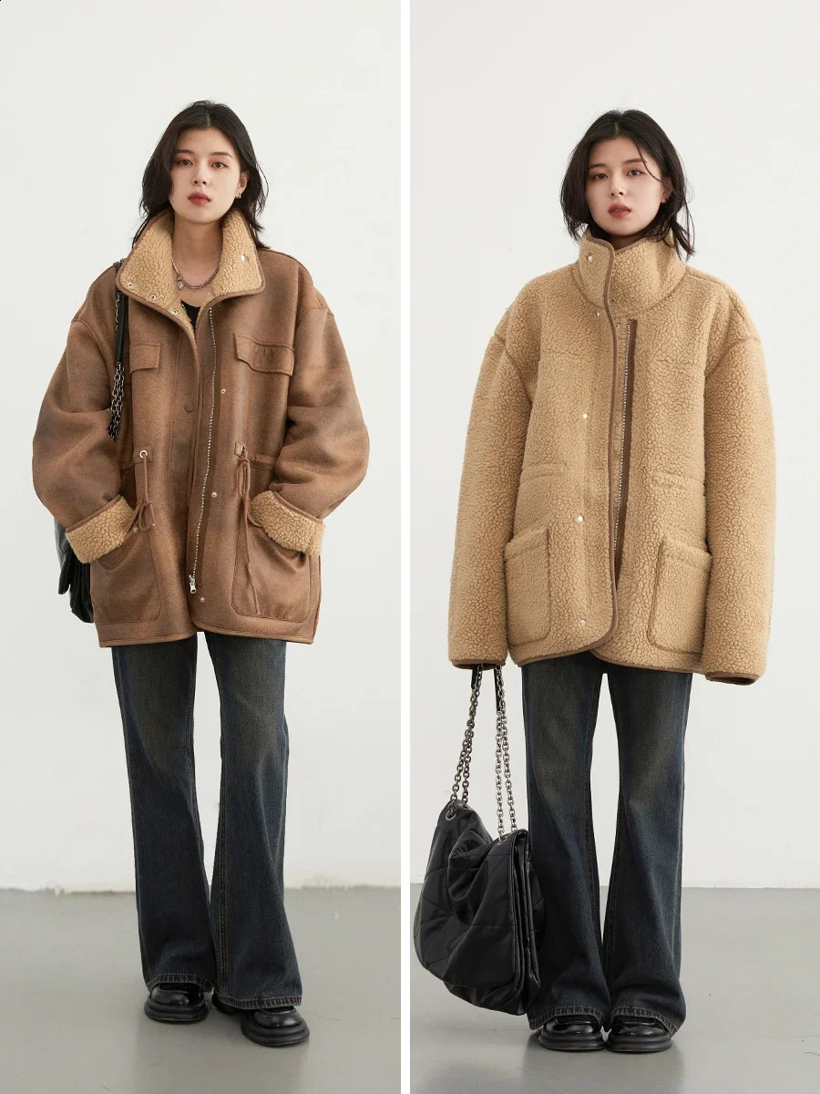 CHIC VEN Womens Jacket Thick and Sturdy Suede Reversible Jacket Motorcycle Coat Loose Womens Coat Winter Autumn 241007