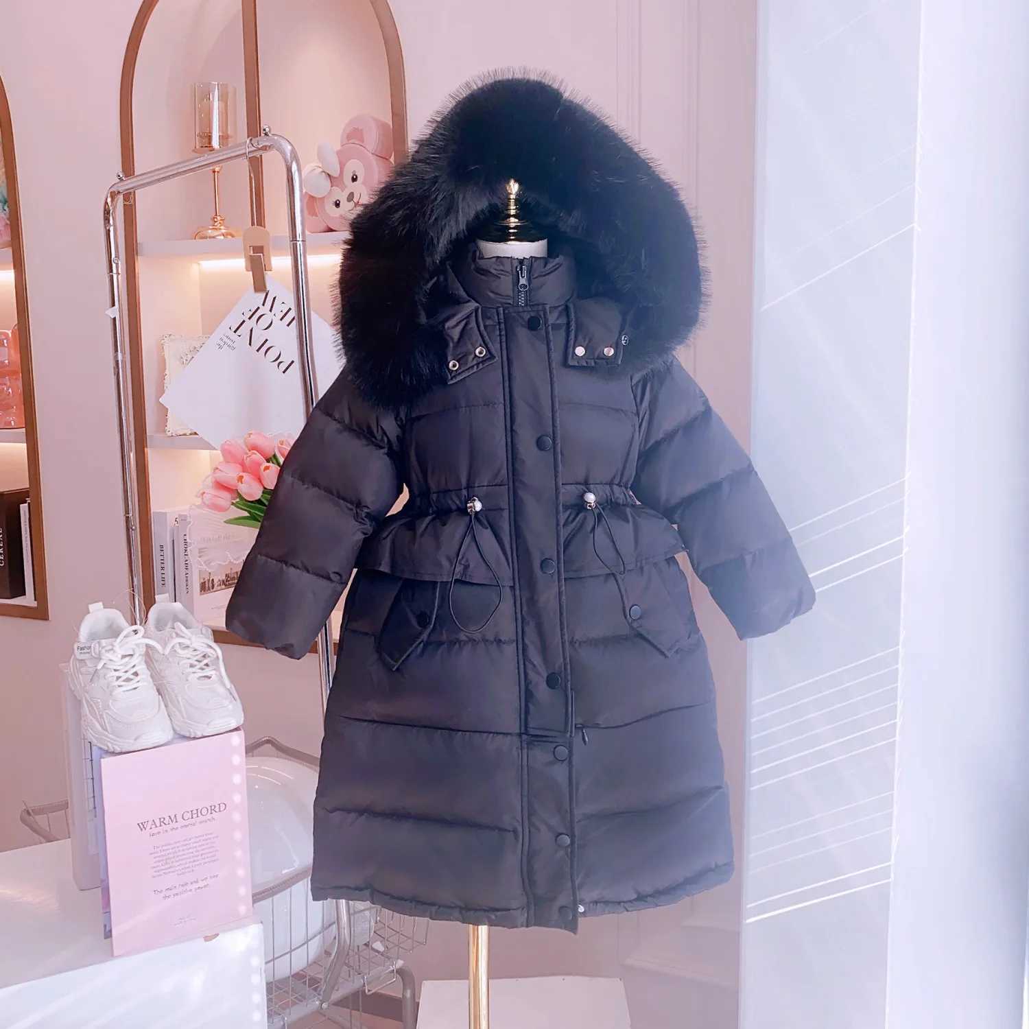 4-12 Years Old Winter Girls Slim Jacket Long Style Hooded Fur Collar Pink Black Color Thicken Coat For Kids Children OuterwearXJ241021