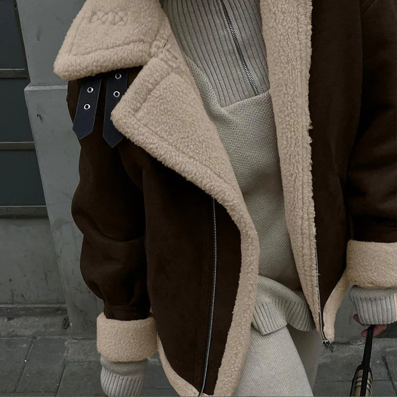 Womens Winter Loose Suede Jacket Womens Short Sherpa Warm Retro Jacket 241007