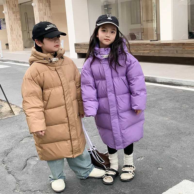 Kids Coat Korean New Autumn Winter Fashion Style Mid Length Down Jacket Children Heavy Knee Length Hooded Coat Kid OuterwearXJ241021