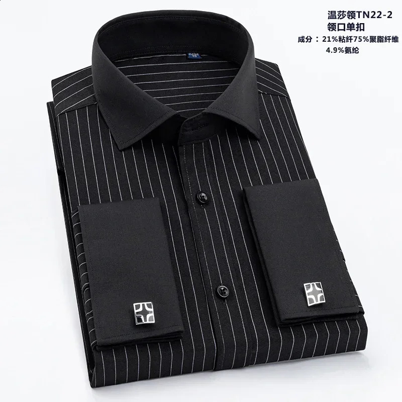 Mens long sleeved slim fit striped business suit Windsor collar French cufflinks mens shirt 241007