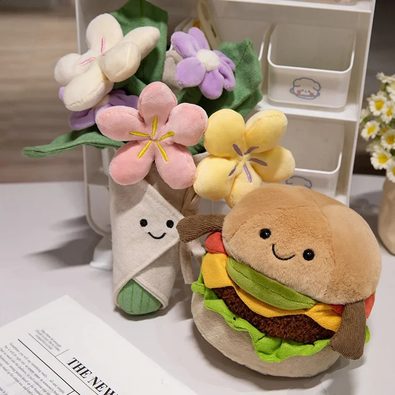 Kawaii Hamburger Plush Toy Soft Stuffed Bouquet Cushion Funny Food / Flower Pillow Cute Burger Doll Creative Birthday Gift 241021