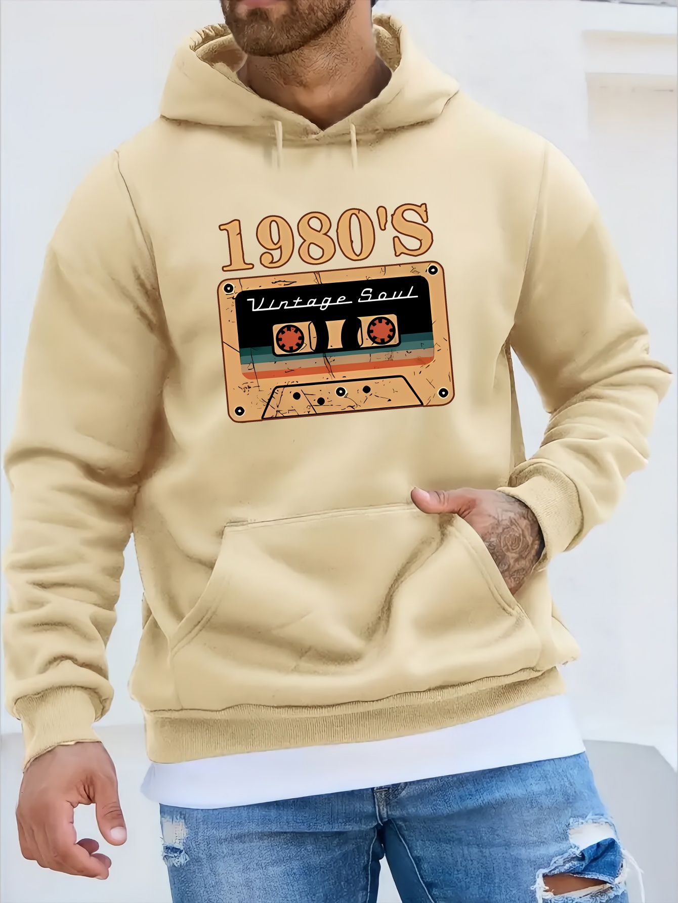 1980's Cassette Tape Graphic Print Men's Long Sleeve Hooded Sweatshirt, Warm Fleece Pullover Hoodie With Kangaroo Pocket, Casual Comfortable