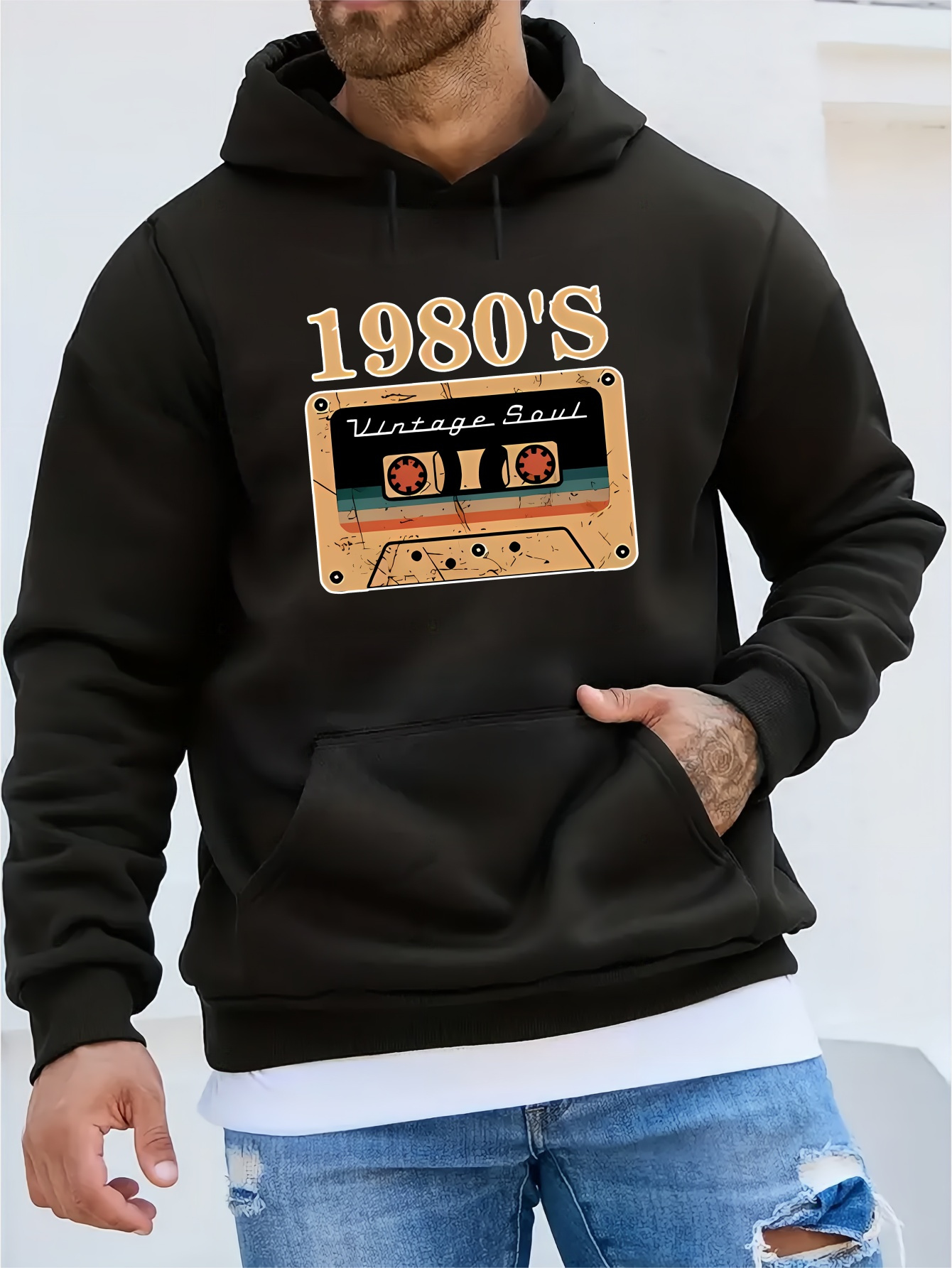 1980's Cassette Tape Graphic Print Men's Long Sleeve Hooded Sweatshirt, Warm Fleece Pullover Hoodie With Kangaroo Pocket, Casual Comfortable