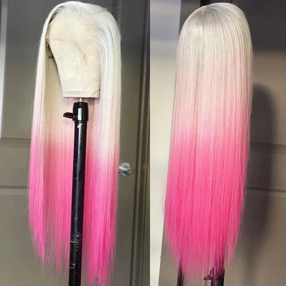 Free shipping 40 Inch Brazilian Bone Straight Pink Front wig Human Hair 13x4 HD Lace Frontal Wigs For Women Blonde 613 Colored Ombre Wig