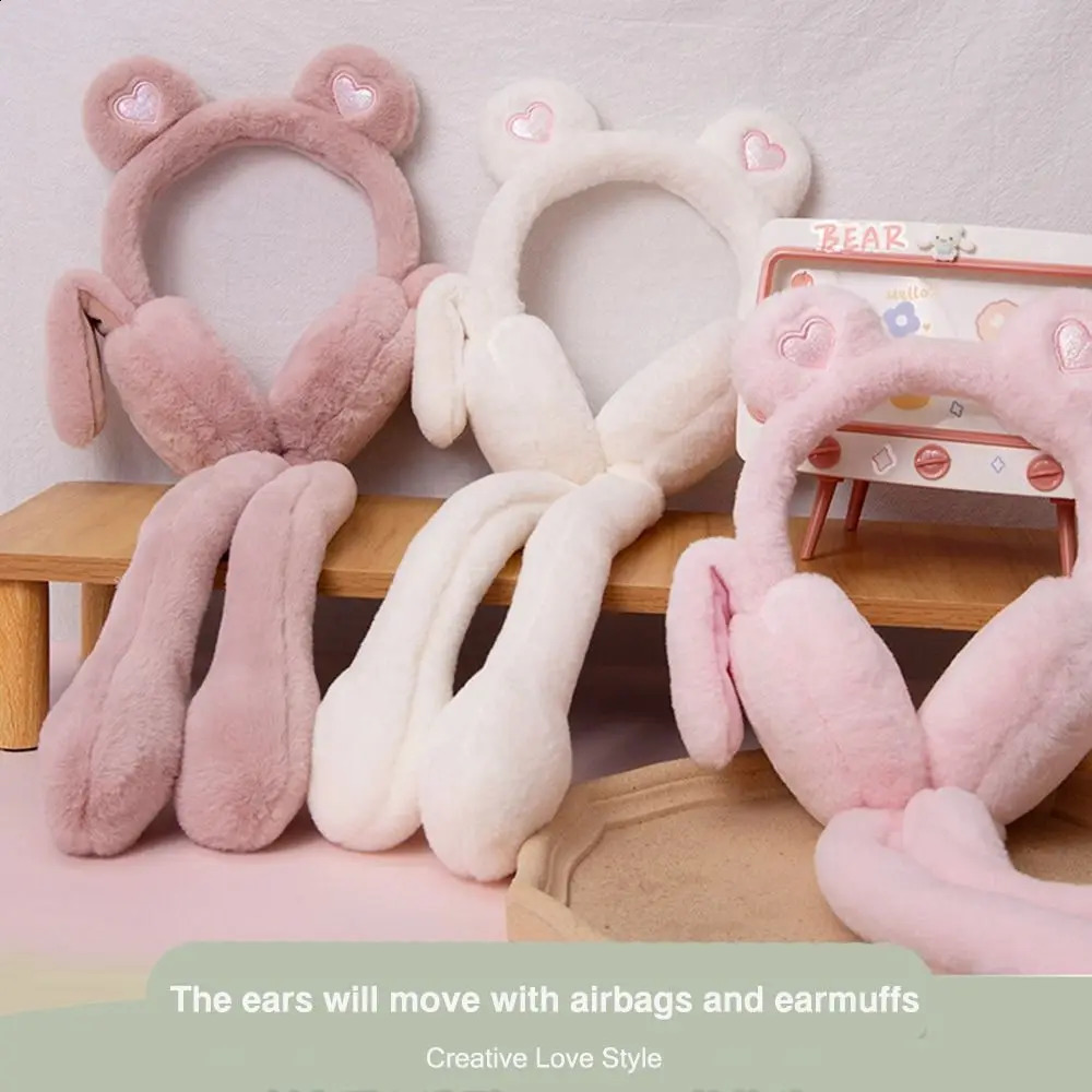 Windproof Moving Jumping Ears Winter Warm Earmuffs Heart Bear Airbag Plush Ear Muffs Outdoor Ear Covers for Ladies Girls 241024