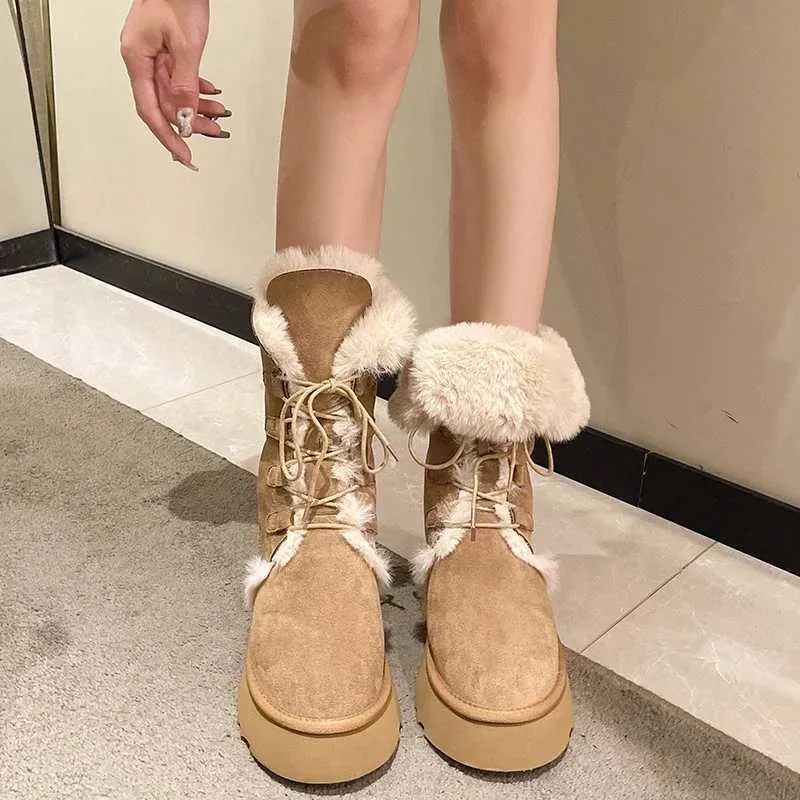 Platform Womens 2023 Winter Short Plush Warm Snow High Top Lace Up Ladies Mid-Calf Boots Fashion Casual Flats Shoes Xw6.5