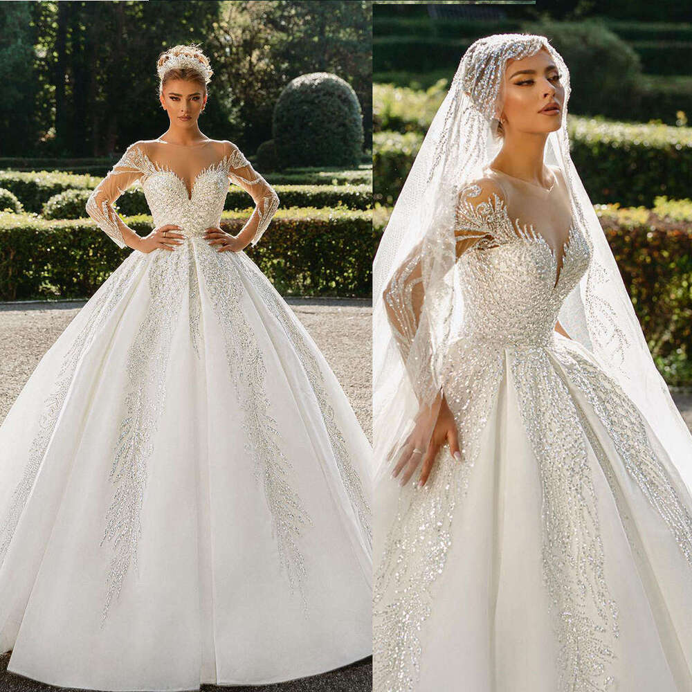 Gorgeous Wedding Dress Ball Gown O-Neck Beading Crystal Long Sleeve Or-Length Princess Bride Vestido De Noiva Custom Made 6660311