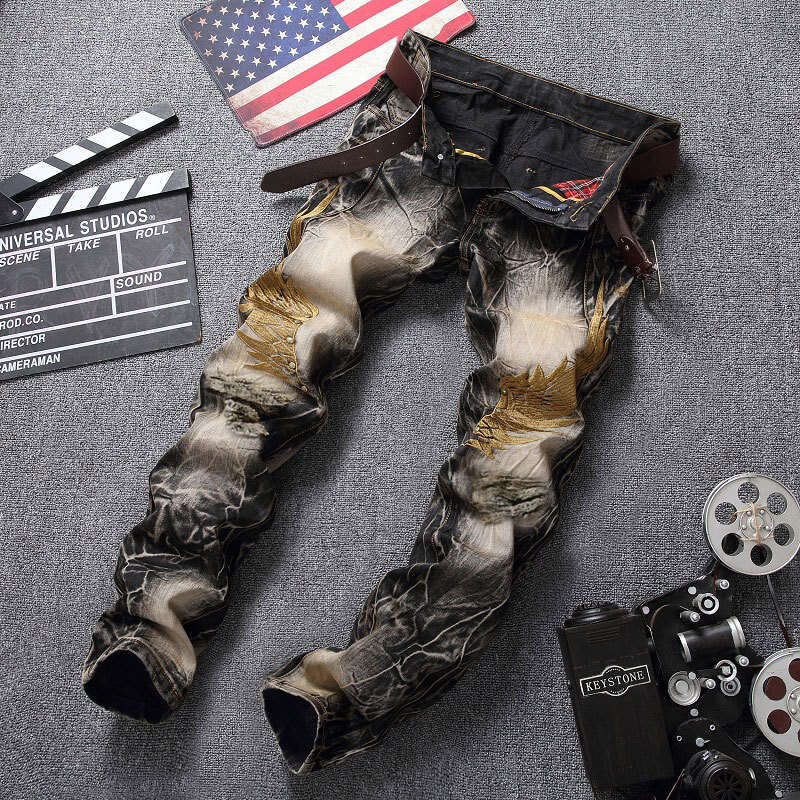 New Streetwear Jeans Men Four Season European And American Personality Embroidery Wings Hole Denim Trousers Retro Plus Size