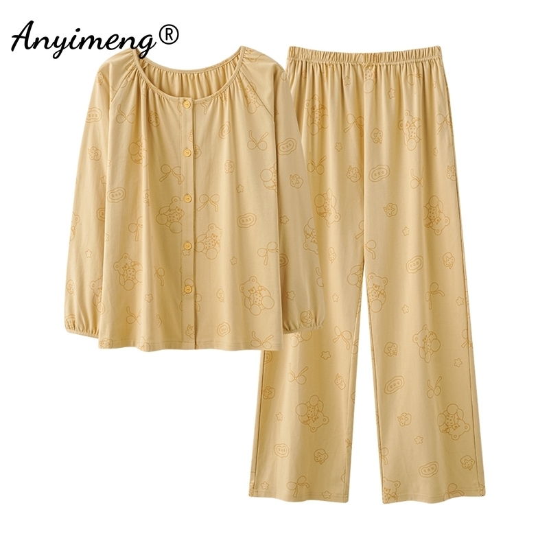 2025 New designer cute bear print autumn and winter women s fashion cotton Pama set long sleeved Pamas pleated cuffs pajamas cardigan wool sweater hom