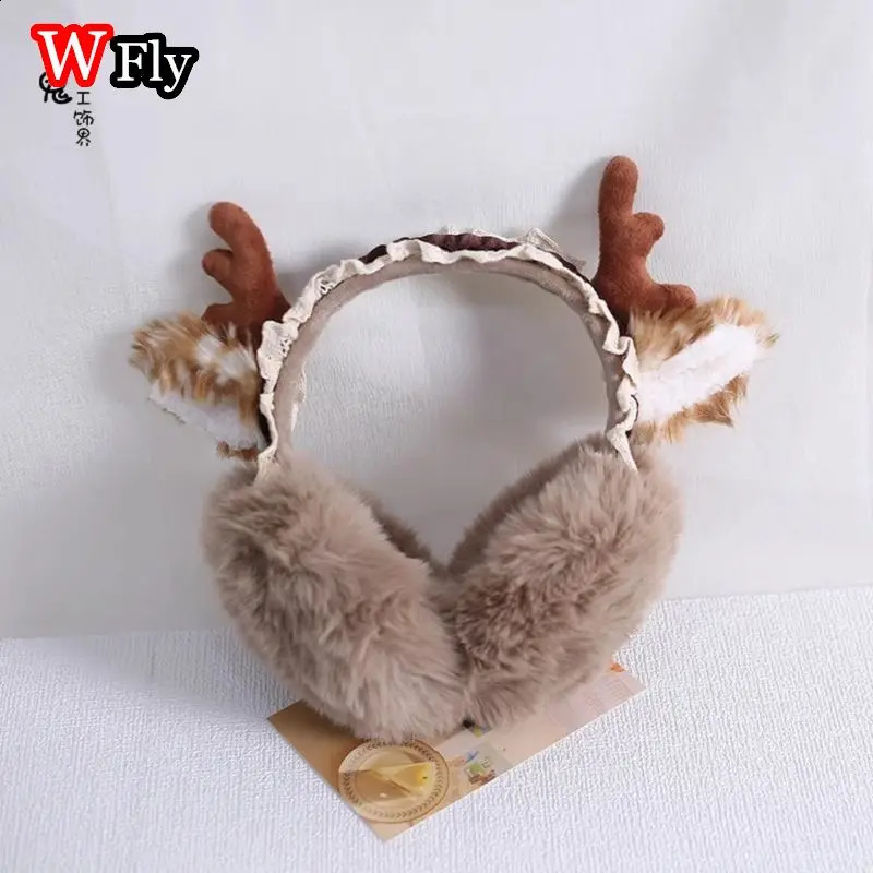 Women Harajuku Steampunk Christmas Earbuds Deer Antlers Foldable Ear Protectors Y2K Lolita Furry Girls Gothic Warm Earmuffs 241024